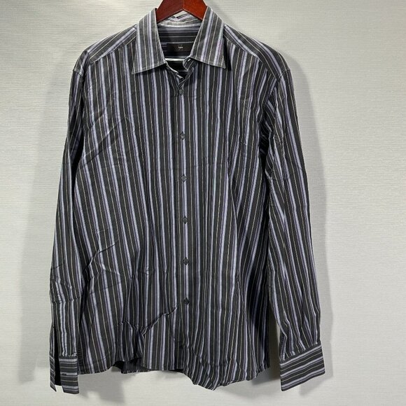 Z Zegna Mens 17 Purple Black Stripe Cotton Long Sleeve Button Up Button Cuffs - Picture 1 of 10